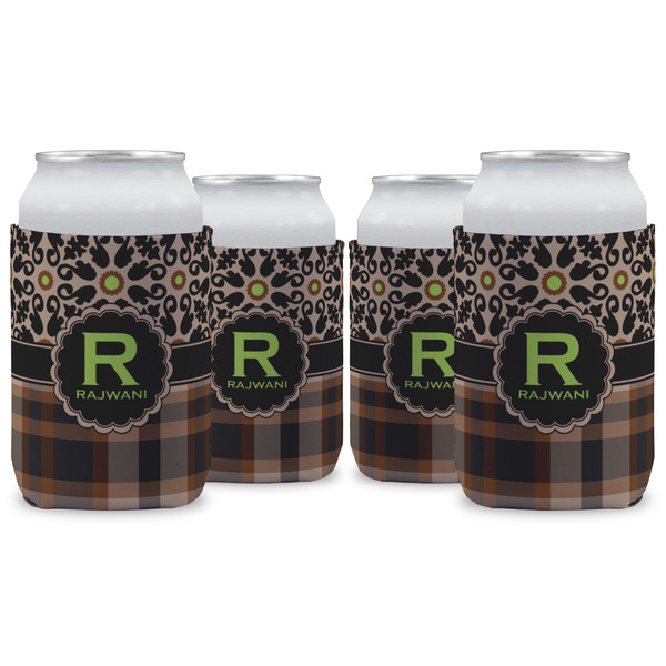 Custom Moroccan Mosaic & Plaid Can Cooler (12 oz) - Set of 4 w/ Name and Initial