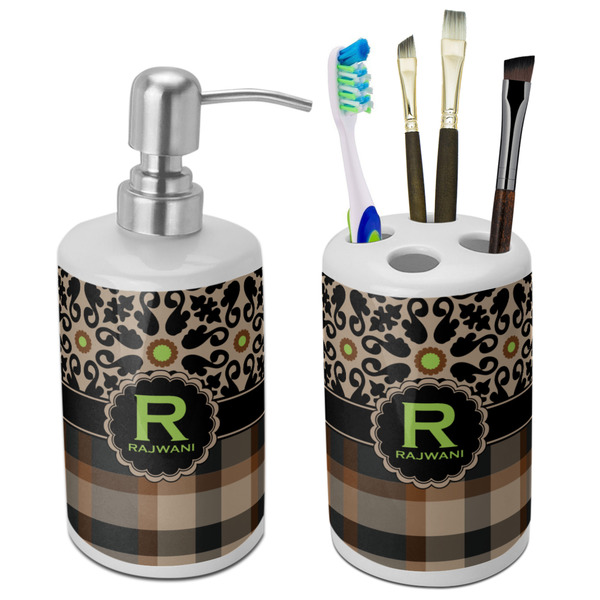 Custom Moroccan Mosaic & Plaid Ceramic Bathroom Accessories Set (Personalized)