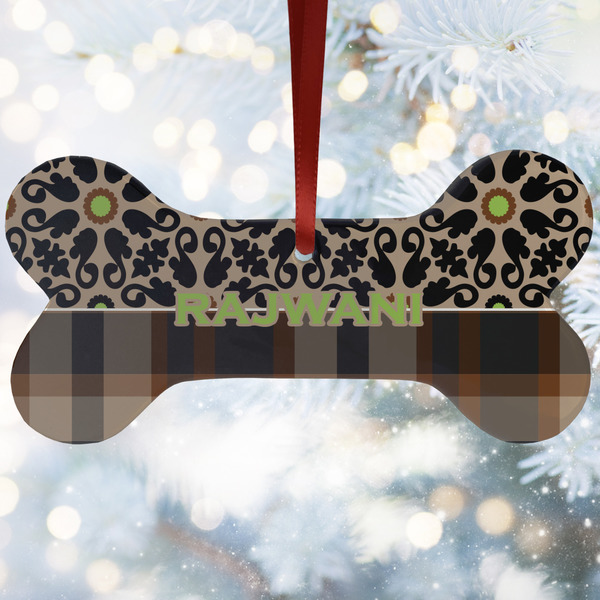 Custom Moroccan Mosaic & Plaid Ceramic Dog Ornament w/ Name and Initial