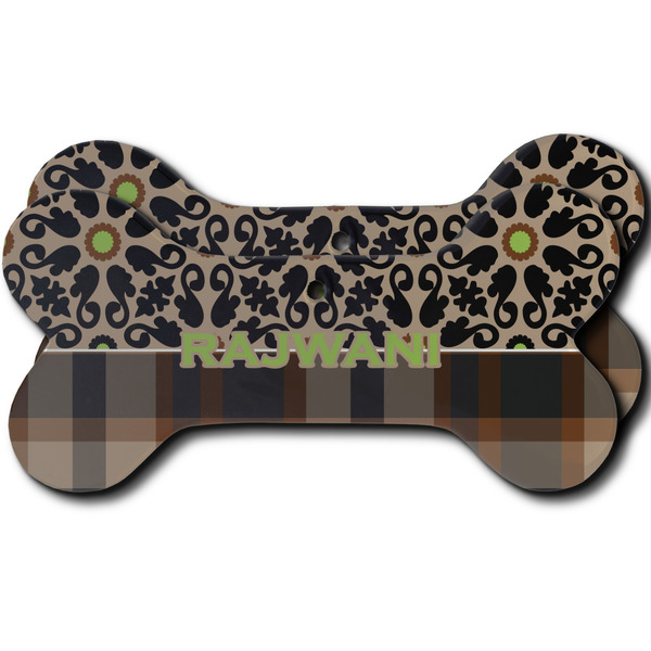 Custom Moroccan Mosaic & Plaid Ceramic Dog Ornament - Front & Back w/ Name and Initial