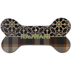 Moroccan Mosaic & Plaid Ceramic Dog Ornament - Front w/ Name and Initial
