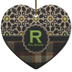 Moroccan Mosaic & Plaid Heart Ceramic Ornament w/ Name and Initial