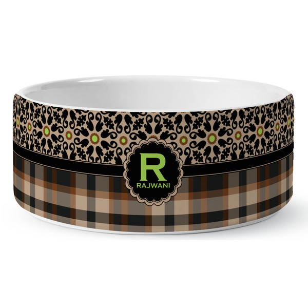 Custom Moroccan Mosaic & Plaid Ceramic Dog Bowl (Personalized)