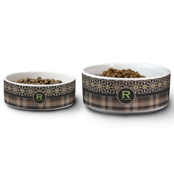Moroccan Mosaic & Plaid Ceramic Dog Bowls - Size Comparison