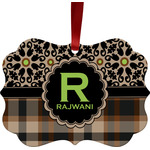 Moroccan Mosaic & Plaid Metal Frame Ornament - Double Sided w/ Name and Initial