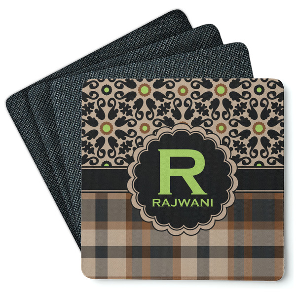 Custom Moroccan Mosaic & Plaid Square Rubber Backed Coasters - Set of 4 (Personalized)