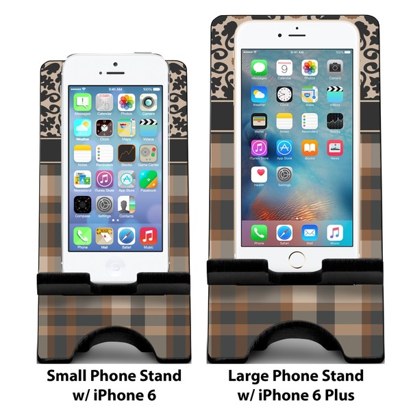 Moroccan Mosaic & Plaid Compare Phone Stand Sizes - with iPhones