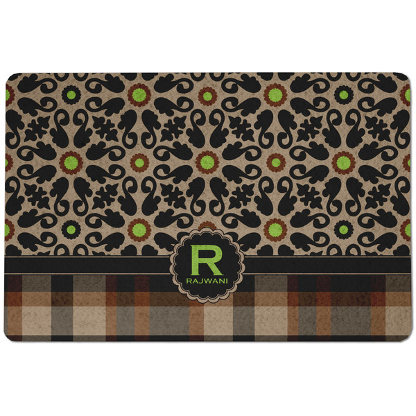 Custom Moroccan Mosaic & Plaid Dog Food Mat w/ Name and Initial
