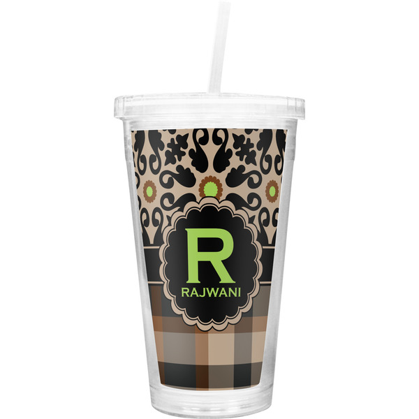 Custom Moroccan Mosaic & Plaid Double Wall Tumbler with Straw (Personalized)