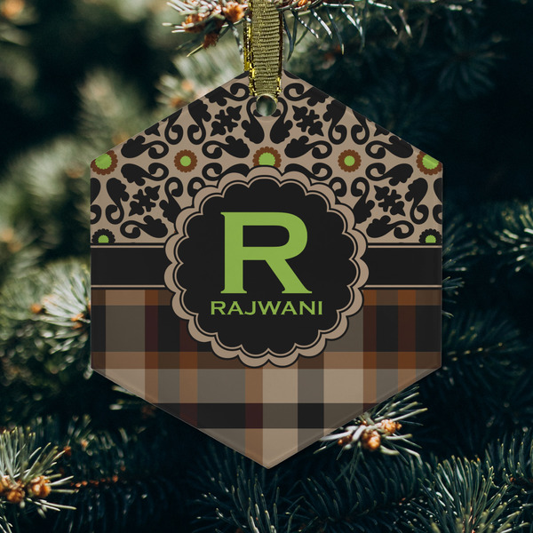 Moroccan Mosaic & Plaid Frosted Glass Ornament - Hexagon (Lifestyle)