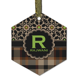 Moroccan Mosaic & Plaid Flat Glass Ornament - Hexagon w/ Name and Initial