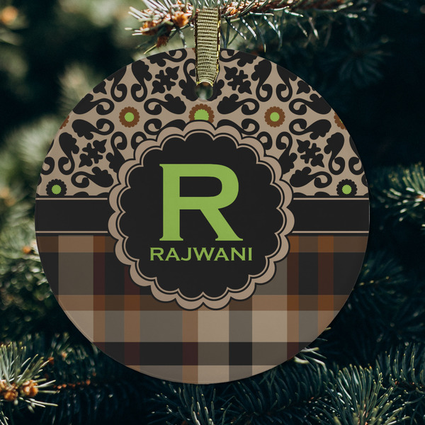 Moroccan Mosaic & Plaid Frosted Glass Ornament - Round (Lifestyle)