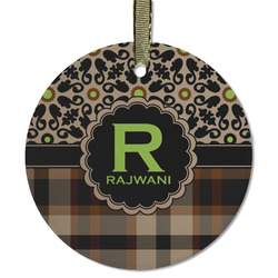 Moroccan Mosaic & Plaid Flat Glass Ornament - Round w/ Name and Initial