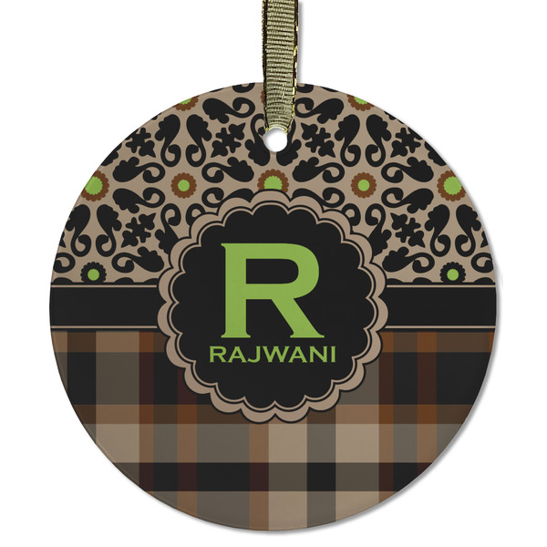 Custom Moroccan Mosaic & Plaid Flat Glass Ornament - Round w/ Name and Initial