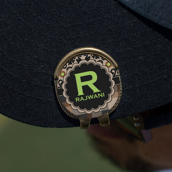 Moroccan Mosaic & Plaid Golf Ball Marker Hat Clip - Gold - On Hat