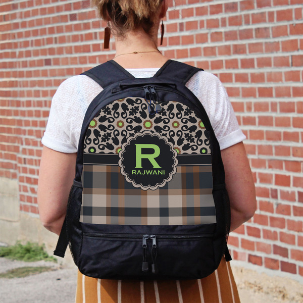 Moroccan Mosaic & Plaid Large Backpack - Black - On Back