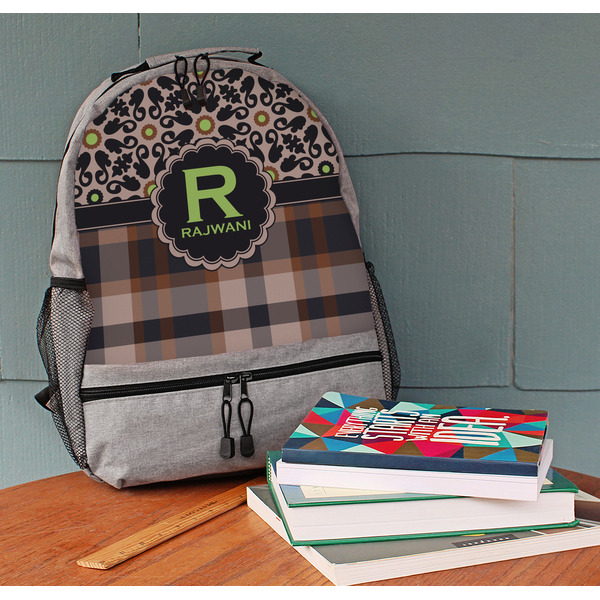 Moroccan Mosaic & Plaid Large Backpack - Gray - On Desk