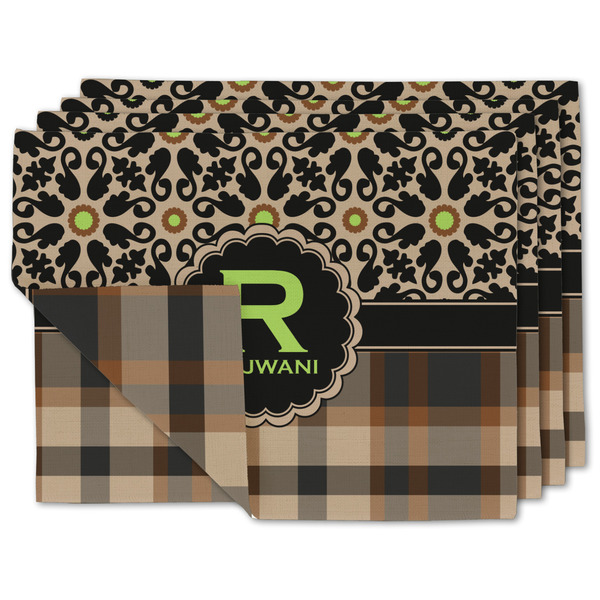 Custom Moroccan Mosaic & Plaid Double-Sided Linen Placemat - Set of 4 w/ Name and Initial