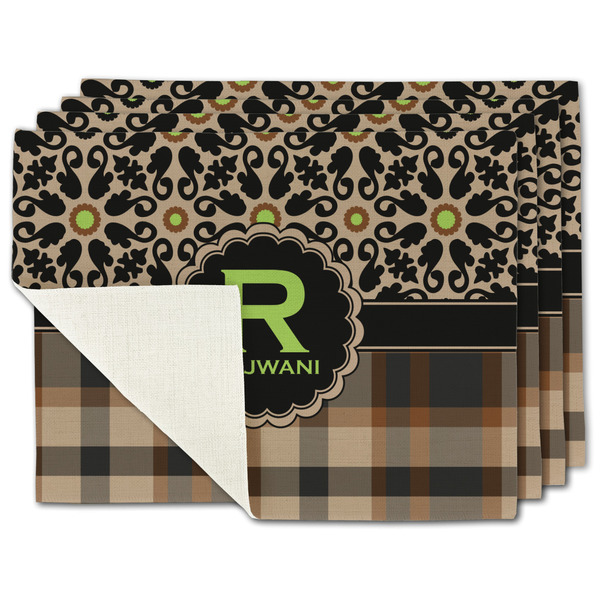 Custom Moroccan Mosaic & Plaid Single-Sided Linen Placemat - Set of 4 w/ Name and Initial