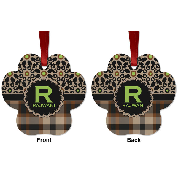 Moroccan Mosaic & Plaid Metal Paw Ornament - Front and Back