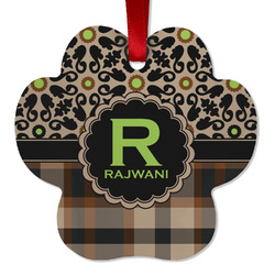 Moroccan Mosaic & Plaid Metal Paw Ornament - Double Sided w/ Name and Initial