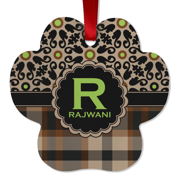 Custom Moroccan Mosaic & Plaid Metal Paw Ornament - Double Sided w/ Name and Initial