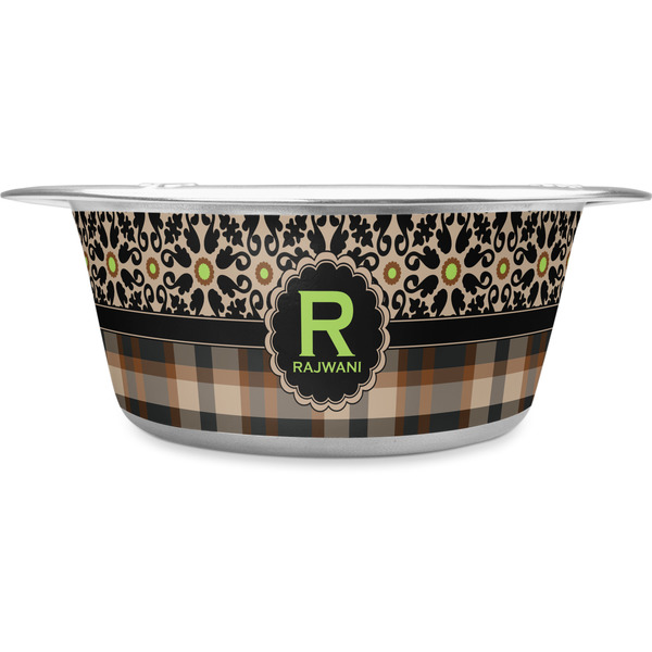 Custom Moroccan Mosaic & Plaid Stainless Steel Dog Bowl - Large (Personalized)