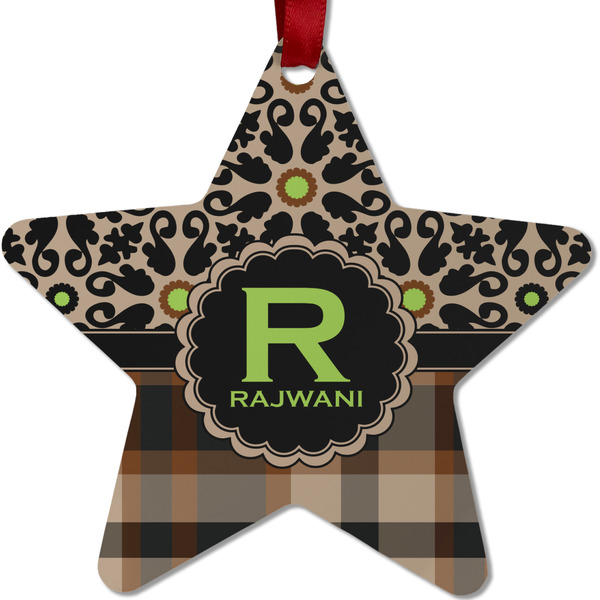 Custom Moroccan Mosaic & Plaid Metal Star Ornament - Double Sided w/ Name and Initial