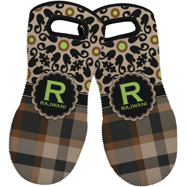 Custom Moroccan Mosaic & Plaid Neoprene Oven Mitts - Set of 2 w/ Name and Initial