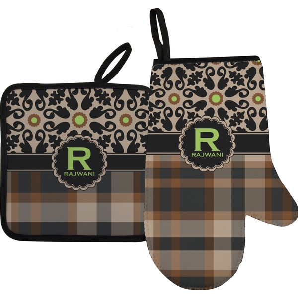 Custom Moroccan Mosaic & Plaid Oven Mitt & Pot Holder Set w/ Name and Initial
