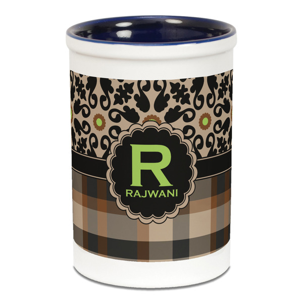 Custom Moroccan Mosaic & Plaid Ceramic Pencil Holders - Blue
