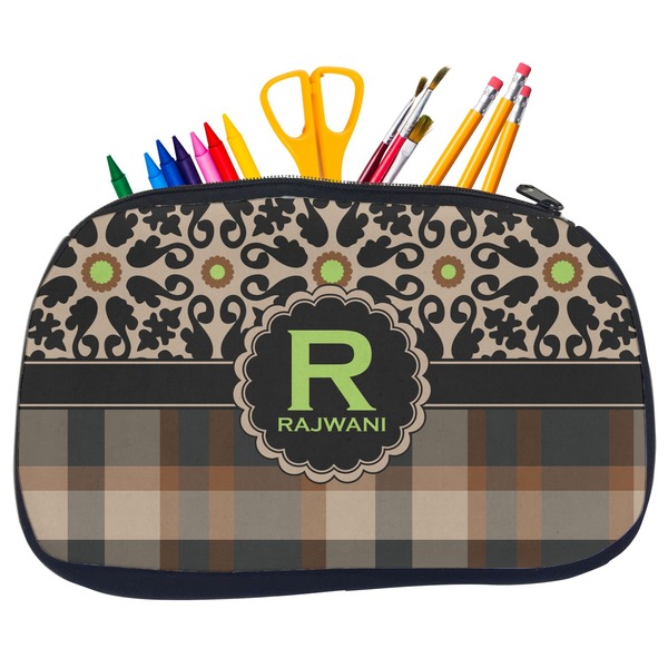 Custom Moroccan Mosaic & Plaid Neoprene Pencil Case - Medium w/ Name and Initial