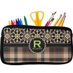 Moroccan Mosaic & Plaid Neoprene Pencil Case - Small w/ Name and Initial