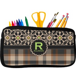 Moroccan Mosaic & Plaid Neoprene Pencil Case - Small w/ Name and Initial