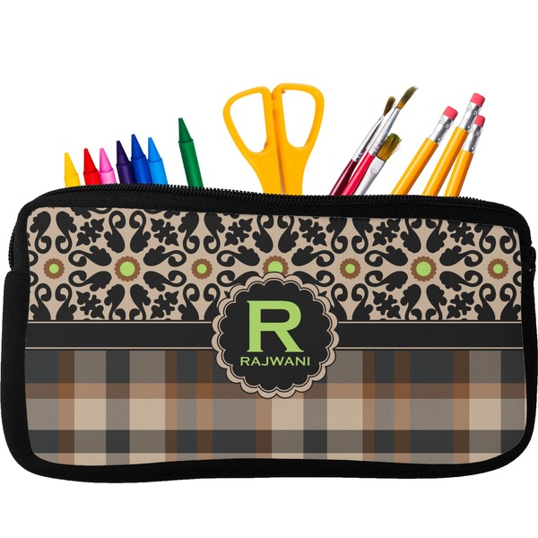 Custom Moroccan Mosaic & Plaid Neoprene Pencil Case - Small w/ Name and Initial