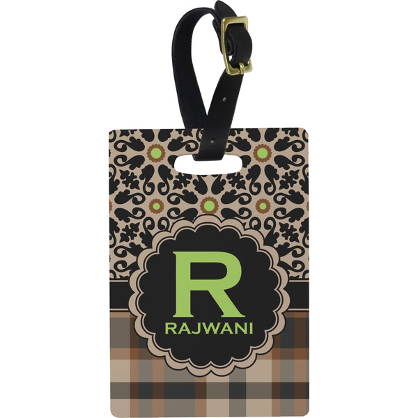 Custom Moroccan Mosaic & Plaid Plastic Luggage Tag - Rectangular w/ Name and Initial