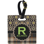 Moroccan Mosaic & Plaid Plastic Luggage Tag - Square w/ Name and Initial
