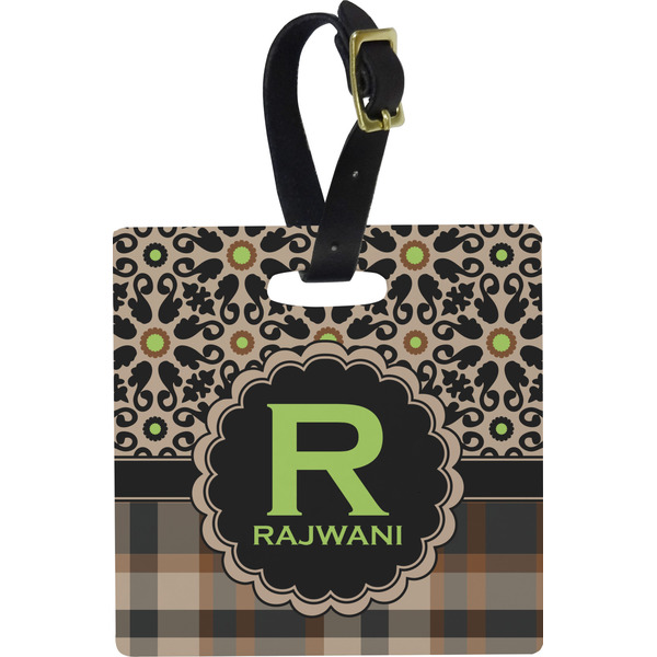 Custom Moroccan Mosaic & Plaid Plastic Luggage Tag - Square w/ Name and Initial