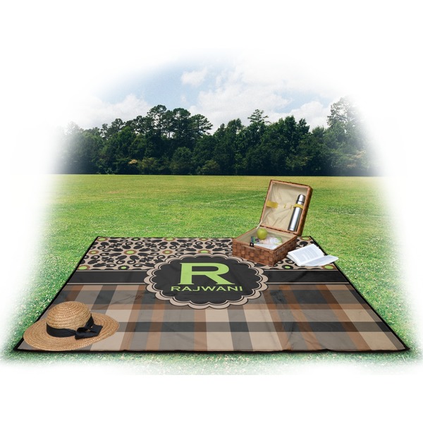 Moroccan Mosaic & Plaid Picnic Blanket - with Basket Hat and Book - in Use