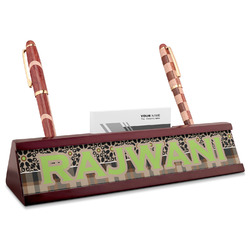 Moroccan Mosaic & Plaid Red Mahogany Nameplate with Business Card Holder (Personalized)