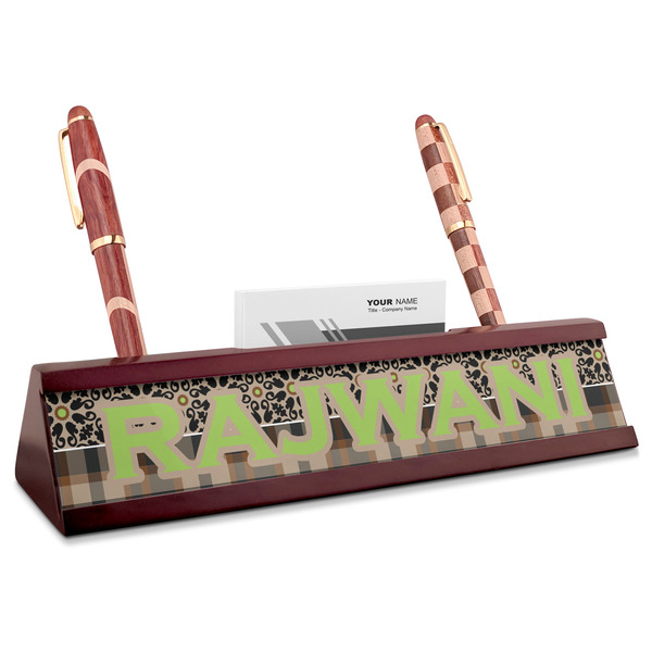 Custom Moroccan Mosaic & Plaid Red Mahogany Nameplate with Business Card Holder (Personalized)