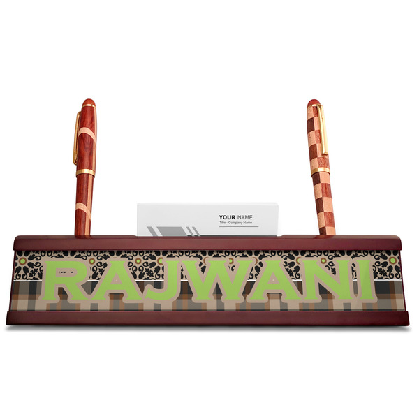 Moroccan Mosaic & Plaid Red Mahogany Nameplates with Business Card Holder - Straight