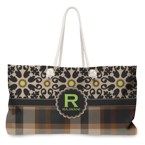 Custom Moroccan Mosaic & Plaid Large Tote Bag with Rope Handles (Personalized)