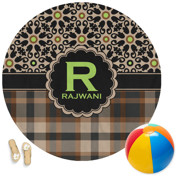 Custom Moroccan Mosaic & Plaid Round Beach Towel (Personalized)