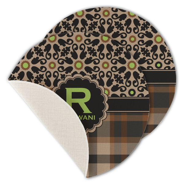 Custom Moroccan Mosaic & Plaid Round Linen Placemat - Single Sided - Set of 4 (Personalized)