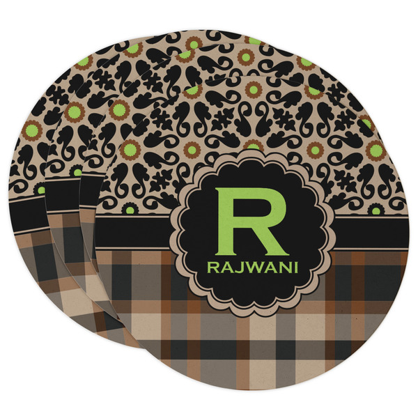 Custom Moroccan Mosaic & Plaid Round Paper Coasters w/ Name and Initial