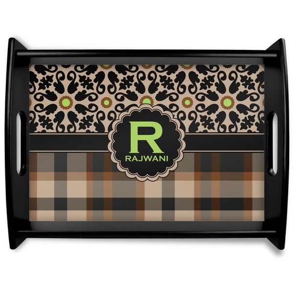 Custom Moroccan Mosaic & Plaid Black Wooden Tray - Large (Personalized)