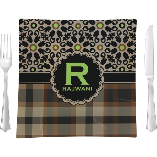Custom Moroccan Mosaic & Plaid 9.5" Glass Square Lunch / Dinner Plate- Single or Set of 4 (Personalized)
