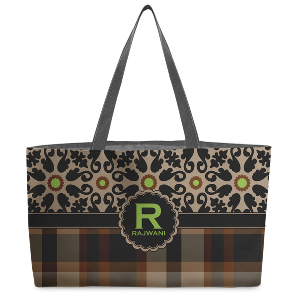 Custom Moroccan Mosaic & Plaid Beach Totes Bag - w/ Black Handles (Personalized)
