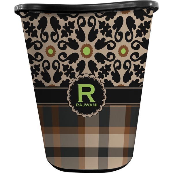 Custom Moroccan Mosaic & Plaid Waste Basket - Double Sided (Black) (Personalized)